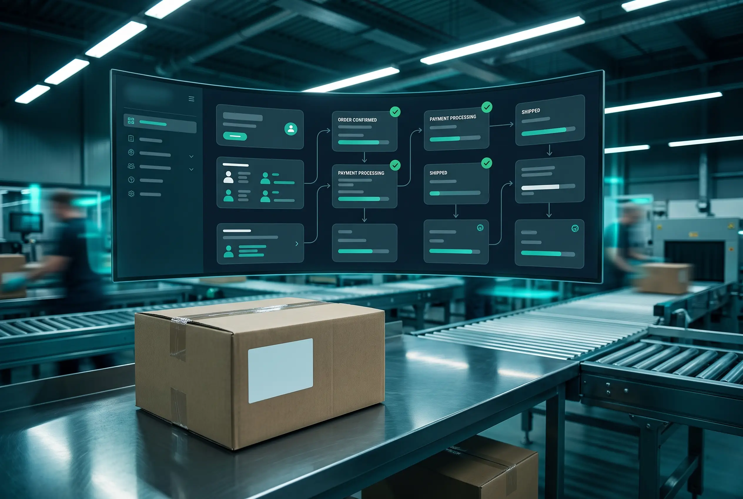 Illustration: an invoice and payment-status flow on screen beside a packed shipment ready to leave.