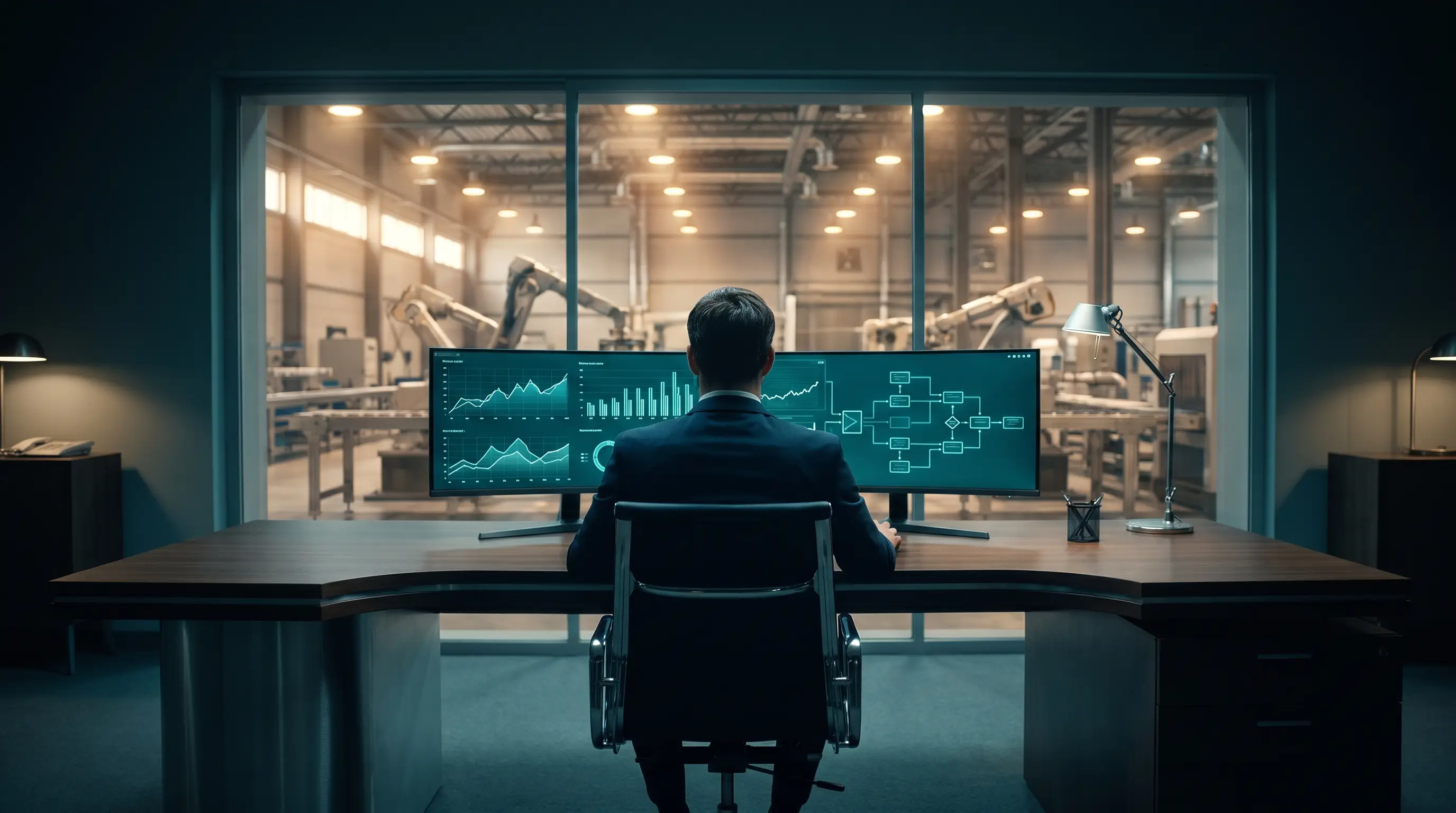 Illustration: a finance-and-operations command station of cash-flow dashboards overlooking an automated manufacturing floor through glass.
