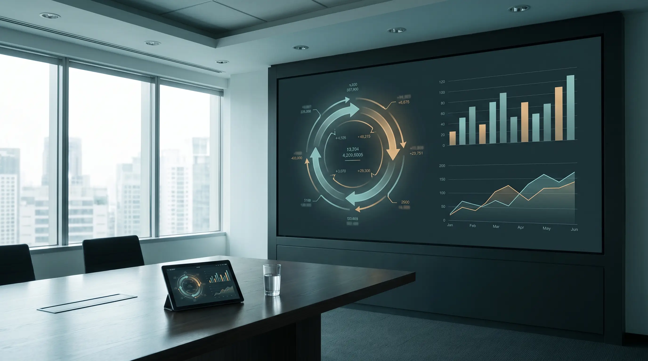 Illustration: a diagnostic readout of cash-cycle charts on a meeting-room wall display.