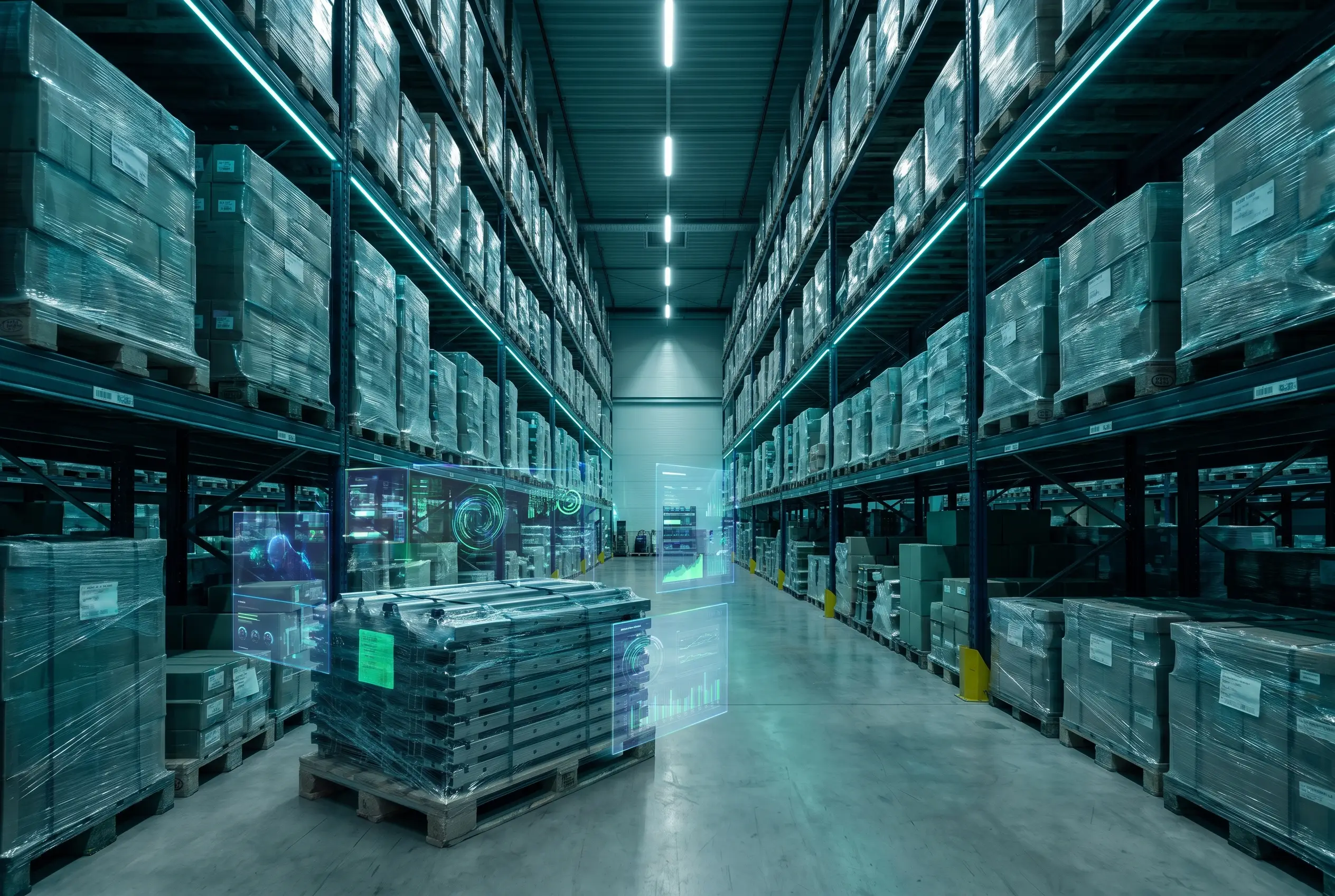 Illustration: a modern warehouse aisle of racked inventory and work-in-progress standing still.
