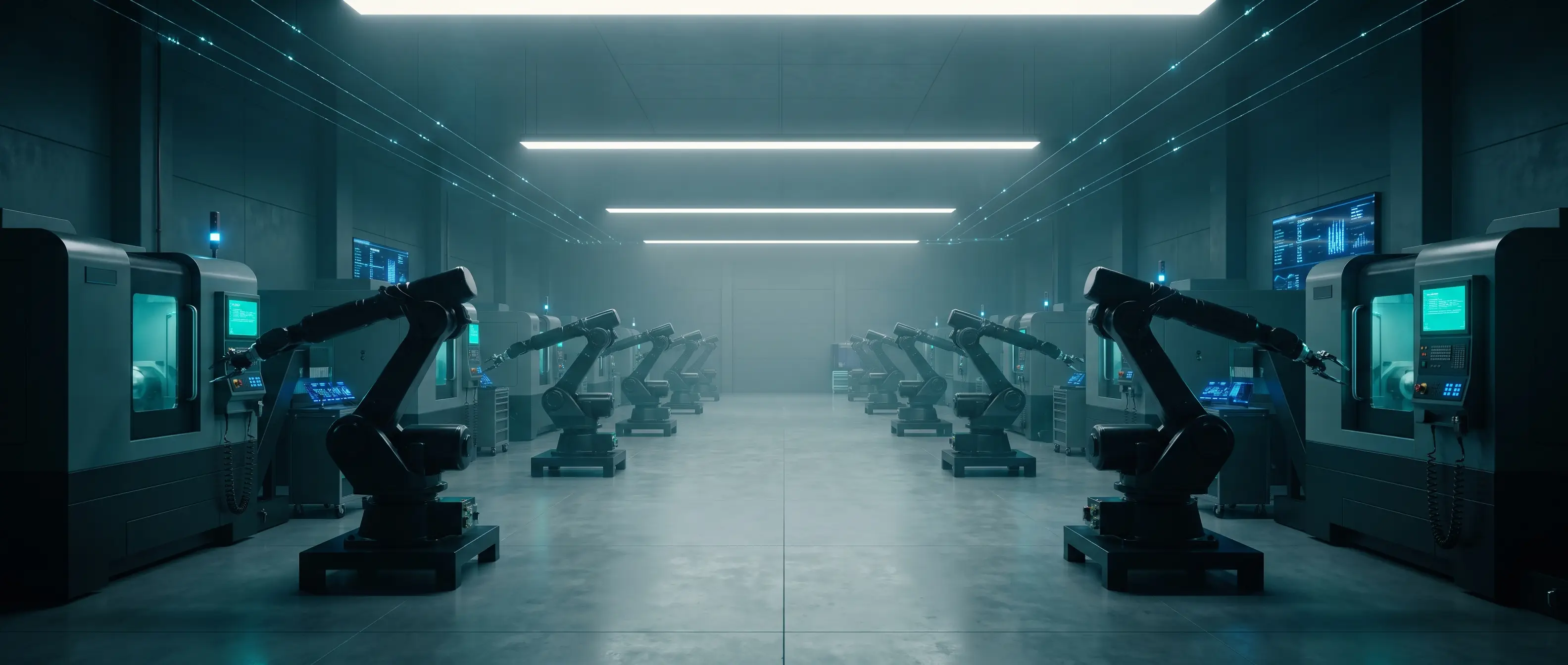 Illustration: a modern automated smart-manufacturing floor of robotic cells and CNC machines lit in teal.