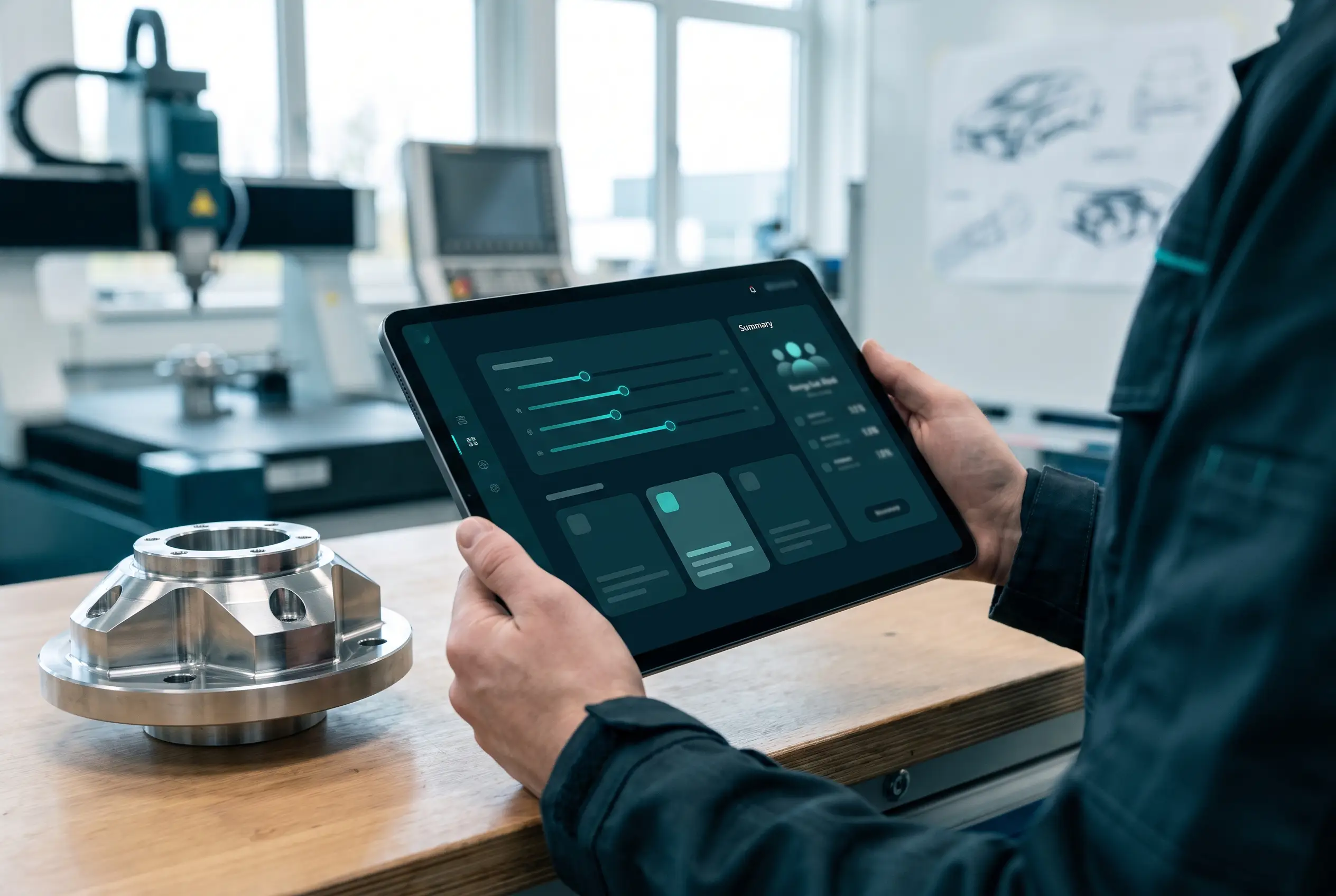 Illustration: a quoting and pricing interface on a tablet beside a precision-machined part.